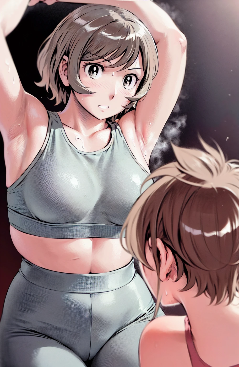 Grey sports bra、Gray Panty Star Piece、Highest quality)、Highest quality, Ultra-high resolution, (((masterpiece))), alone, Sweat、Big eyes, Please show me your armpits, Composition from the front、(Close-up of a person)、(Manga Style:1.1)、Shortcuts、Embarrassed face、Bronze colored hair、Cut the back hair short、