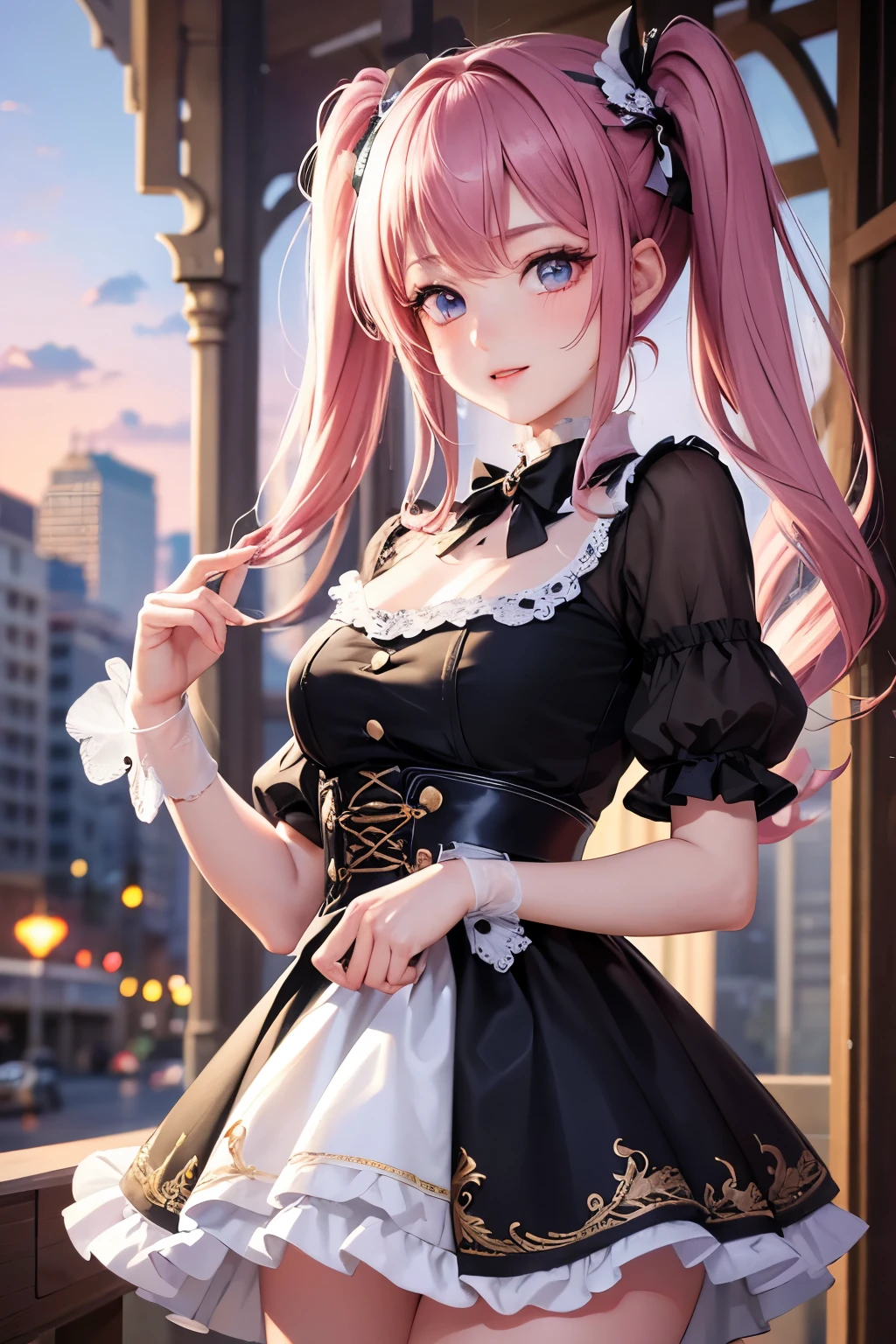 masterpiece, best quality, highly detailed, high resolution, expensive resolution, high resolution, 4K, 8k, Unity 8k wallpaper, highly detailed CG, masterpiece, 2D, 3D, beautiful details, depth, fine texture, best quality: 1.3, perfect focus, crisp skin, him, very cute, 20s girl, him, idol, princess dress, short skirt, outdoor concert, short pigtails, mole under eye, look at the viewer, expensive, blush, mole, open lips, heart, pink eyes, choker