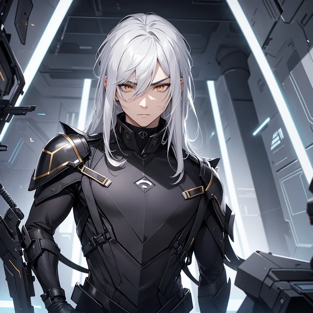 male character. black clothes. White hair. golden eyes. is in a futuristic setting.
