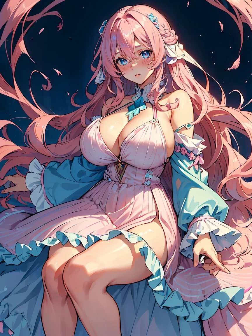 handsome girl,blue-eyes,blue pupils,Long pink hair,Hyperresolution,accuracy,Detailed rendering,(Subtle facial image)(Image of fine hair)(topquality)(Masterpieces of masters)(High degree of completeness)(A sense of atmosphere)tmasterpiece,Super detailed and super detailed(half-body portrait), long wavy pink hair, (((tHICK WAVY HAIR)))(((ANKLE LENGTH HAIR)))(((Blushing)))(((Huge breasts)))(((LARGER BREASTS))) large breasts, bigger breasts (((Bigger breasts))) (((Blushing))) (((Sakimichan))) (((Pink hair))) (((cute outfit)))(((Casual full outfit)))(((Dressed up))) (((Covered up))) (((Casual dress)))