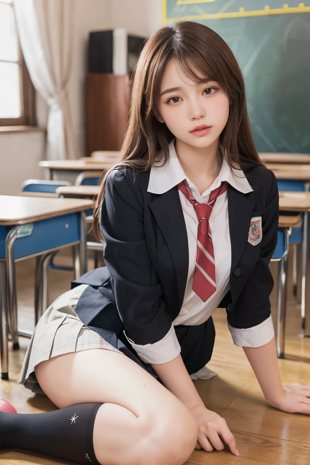 1girl, solo,((best quality)),((masterpiece)), full body, looking_at_viewer, dynamic angle, school uniform, cute, clear facial skin, very sexy, ((intricate details)))