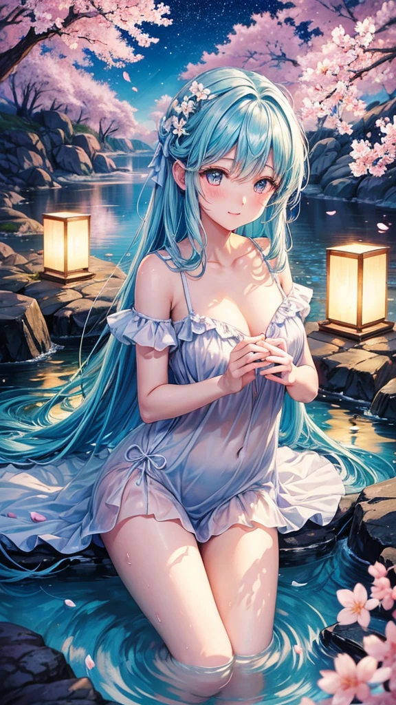 A beautiful hot spring scene at night, with mist and rocks around. Cherry blossoms in bloom, glittery mist in the moonlight. The sky is filled with countless stars, their reflections visible in the water. Floating lanterns above the water, flower petals scattered in the water. A full moon in the sky. In the middle of the river, there is a cute water fairy with long hair and angel wings on her back, in Anime art style. 