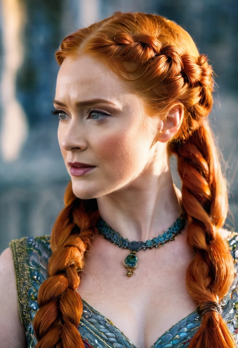 a close up of a woman with a long braid in a dress, intricate red braided hair, sansa, red braided hair, Olya Bossak, redhead woman, long orange-red braided hair, beautiful redhead woman, cleavage, Sansa Stark, long red intricate braids, redhead girl, redhead goddess, Sofia Turner, Looks a bit like Amy Adams.