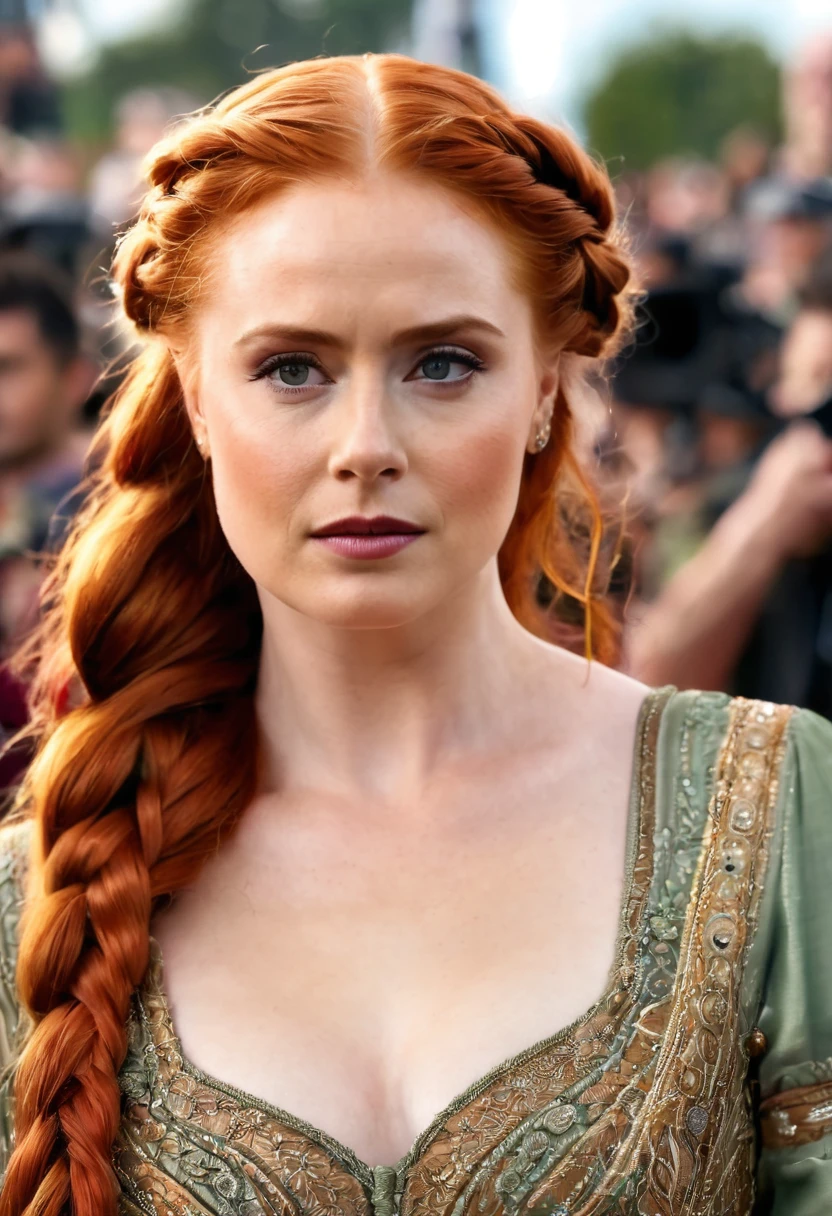 a close up of a woman with a long braid in a dress, intricate red braided hair, sansa, red braided hair, Olya Bossak, redhead woman, long orange-red braided hair, beautiful redhead woman, cleavage, Sansa Stark, long red intricate braids, redhead girl, redhead goddess, Sofia Turner, Looks a bit like Amy Adams.