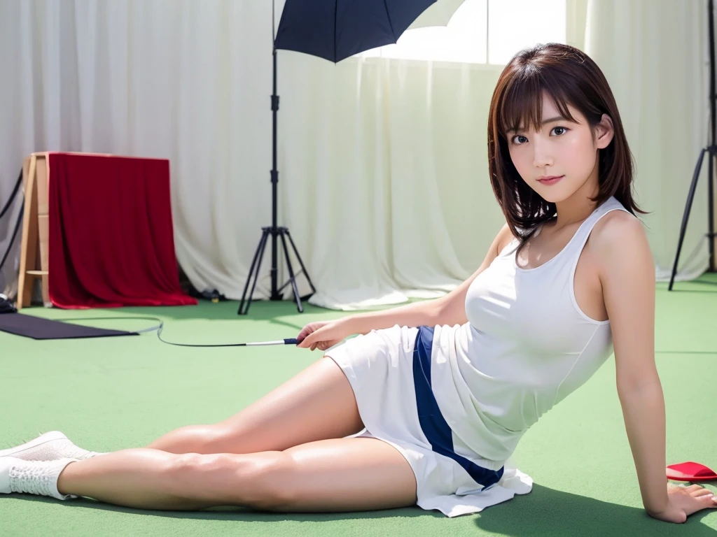 A live-action photo of an extremely beautiful Japanese high school girl race queen who highlights her large breasts and beautiful legs.、Wearing cosplay tennis wear in a photo studio, a promotional photo for compensated dating was taken、She is an eternal idol who combines a clean look with modern charm.。 She creates such beauty。 She feels her own warmth。 She creates a warm atmosphere。 We create beauty。 That's what I want to say。 In her full body photo、The figure features porcelain-like skin and golden hair that radiates a soft glow.。 This is probably、It captured the essence of her timeless charm.、This is the best shot ever.。 Each straight line and curve is carefully expressed.、Breathtakingly beautiful with impeccable detail。 This piece perfectly captures her timeless beauty.。 Divine Proportions、Sharp focus、Full-body photo taken by Kishin Shinoyama、high quality、High resolution、Detailed Background