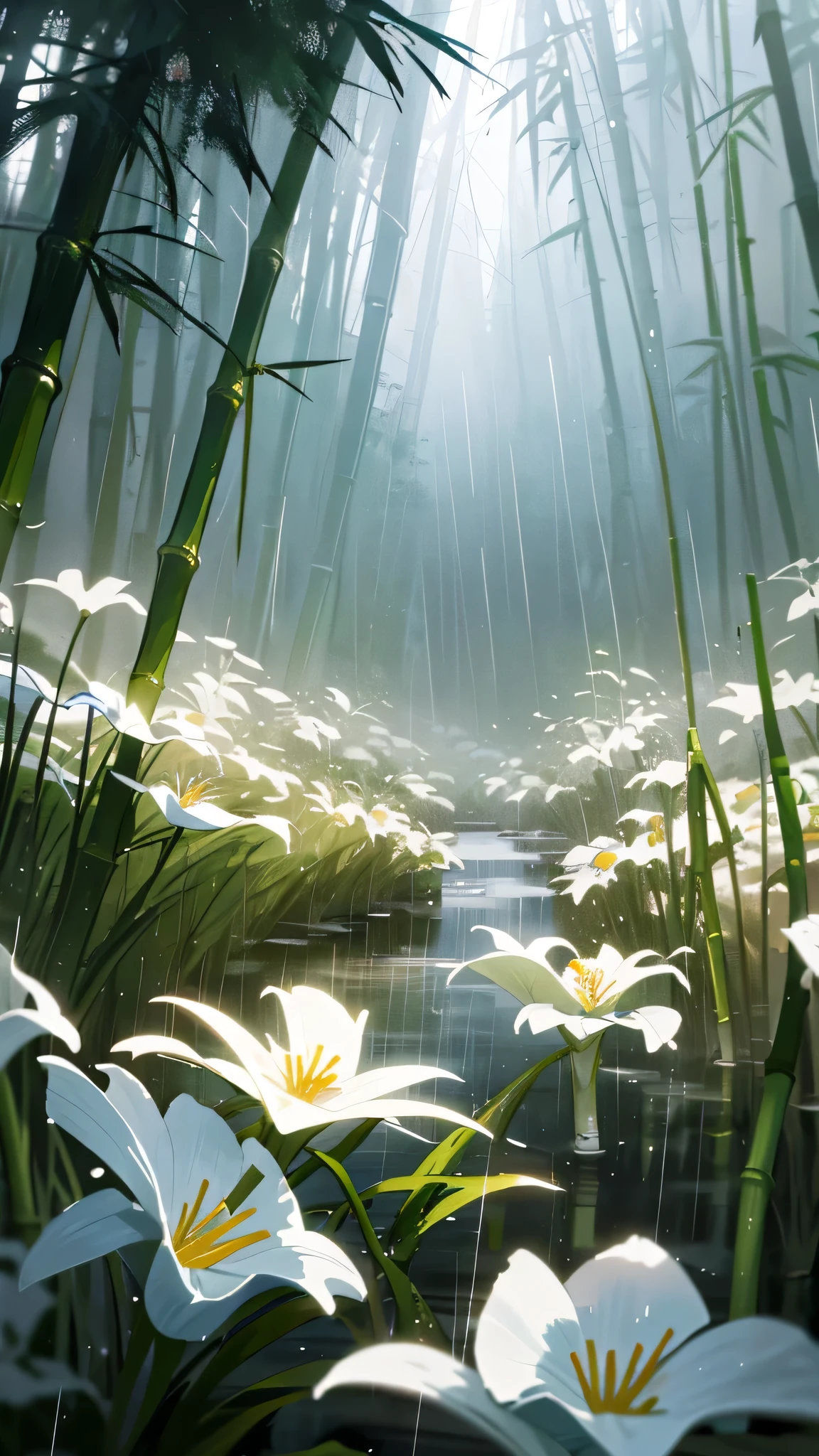 masterpiece, best quality, Studio light,White wildflowers，cloudy, Dental density，Creek, bamboo forest,  rain, light