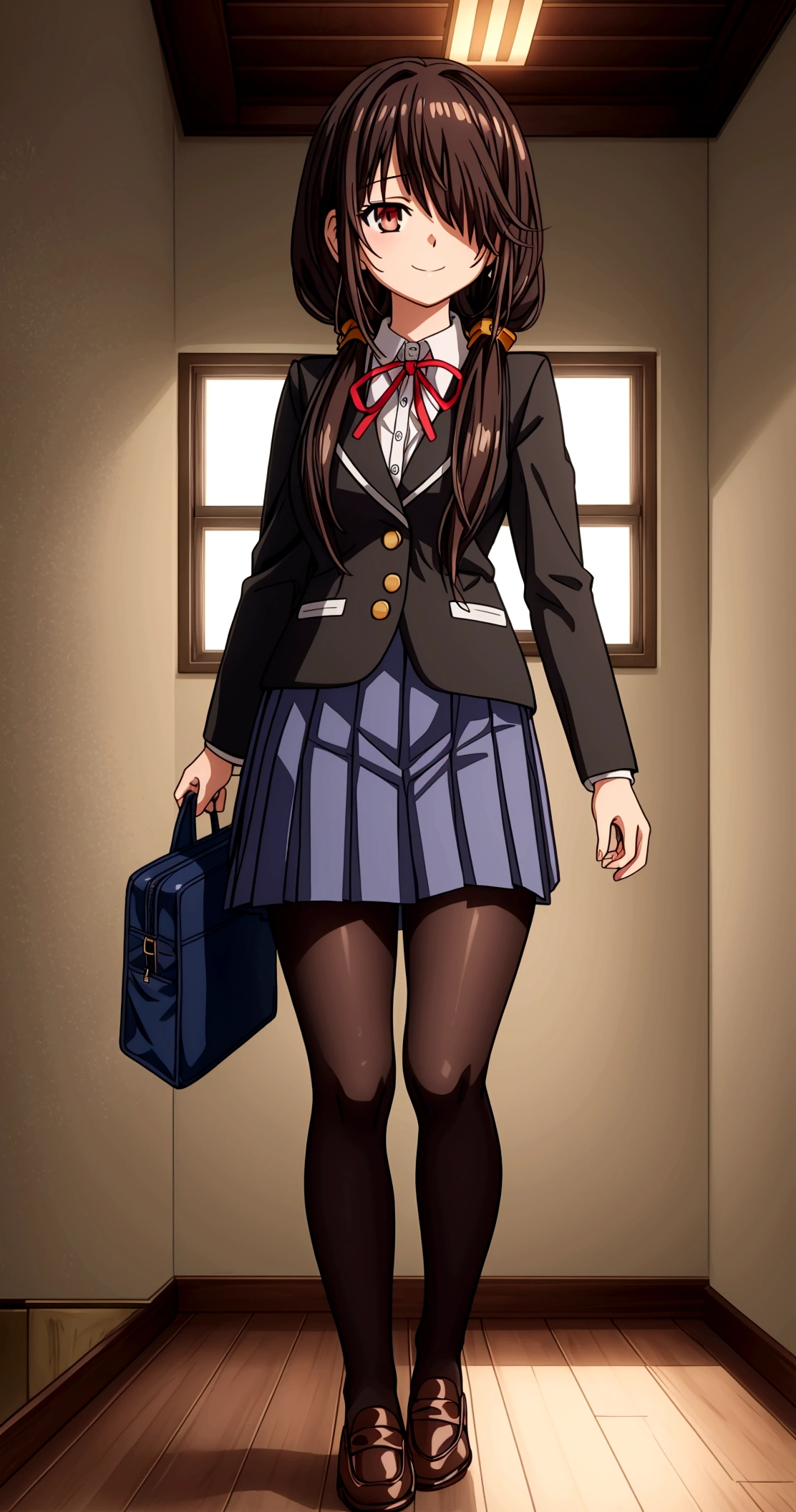 ultra-detailed,highly detailed,best quality,masterpiece,illustration,realistic, photo,photorealistic,
1girl, tokisaki kurumi,cosplay,hair over one eye, looking at viewer, happy girl,low twintails,
, blazer, collared shirt, neck ribbon, pleated skirt, pantyhose, hair rings, loafers,
indoors, walking, stairwell, 
