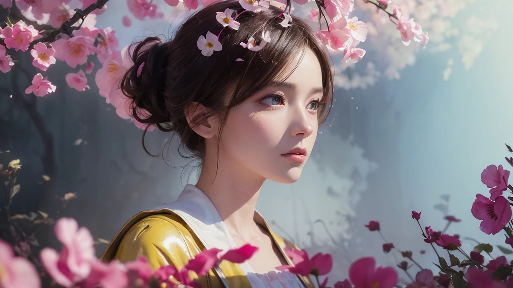 32k, Masterpiece, Highest quality, One girl, Brown Hair, Detailed eyes, flower,sweet pea, Pink and yellow style,A dreamy, romantic piece,Pale pink, Mysterious Leaves,A playful arrangement,Fantasy,High Contrast,Ink strokes,explosion,Exposure, Impression of pink and yellow tones,Abstract,((Watercolours by John Berkey and Jeremy Mann )) Brush strokes,Negative Space, Tyndall effect, White background