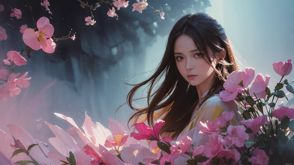 32k, Masterpiece, Highest quality, One girl, Brown Hair, Detailed eyes, flower,sweet pea, Pink and yellow style,A dreamy, romantic piece,Pale pink, Mysterious Leaves,A playful arrangement,Fantasy,High Contrast,Ink strokes,explosion,Exposure, Impression of pink and yellow tones,Abstract,((Watercolours by John Berkey and Jeremy Mann )) Brush strokes,Negative Space, Tyndall effect, White background