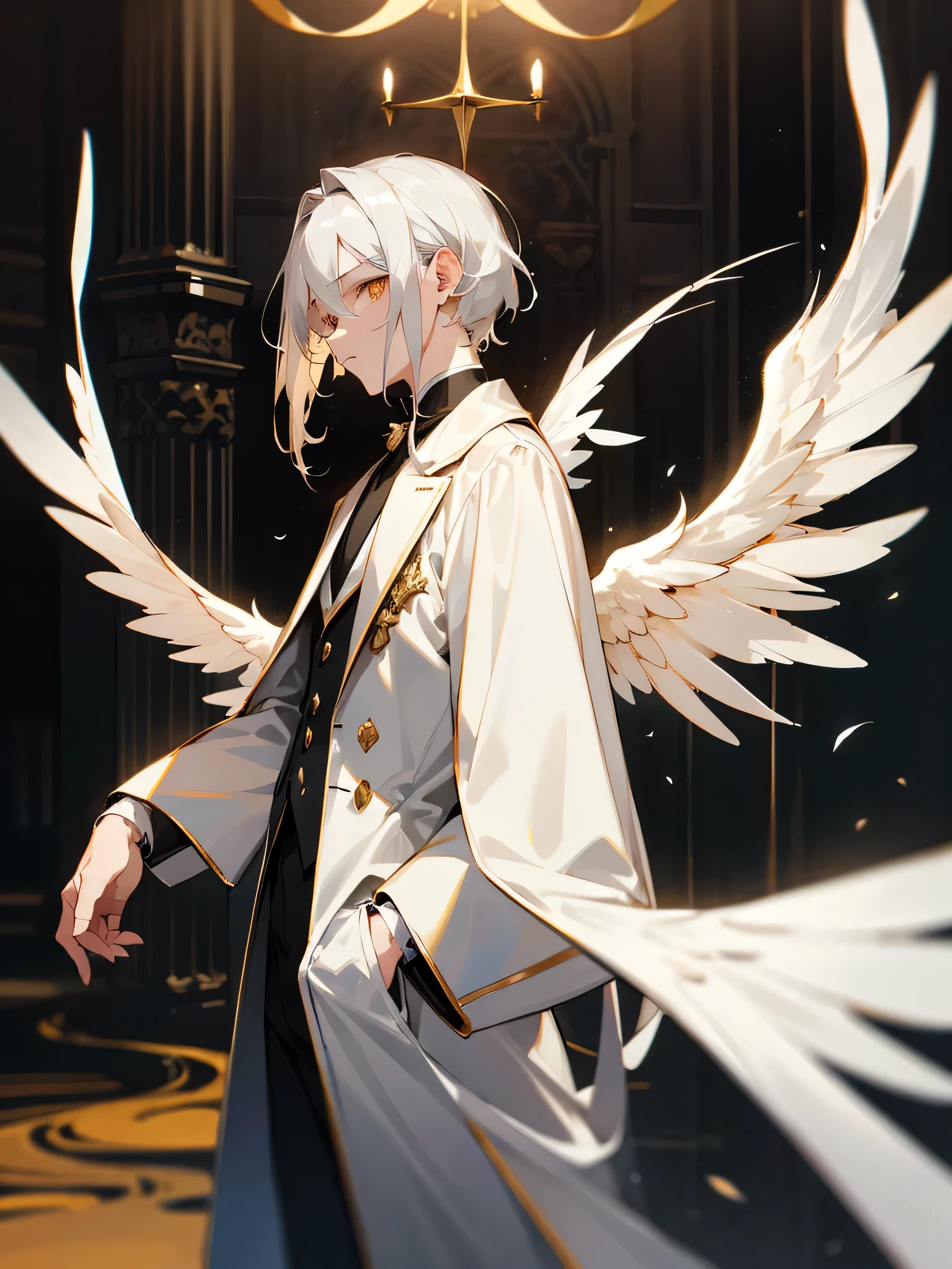 1boy, medium silver hair, golden eyes, wearing white suit, black long coat,5 pairs balck angelic wings, 5 pairs black horn, historical city, historic mension, high res, ultrasharp, 8K, masterpiece, looking at viewer