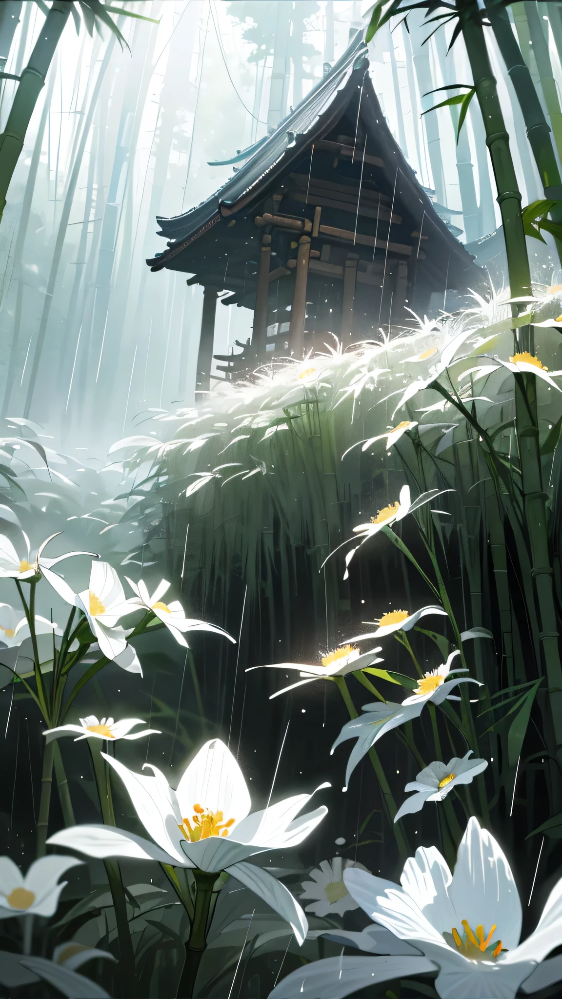 masterpiece, best quality, Studio light,White wildflowers，cloudy, Dental density，Creek, bamboo forest,  rain, light