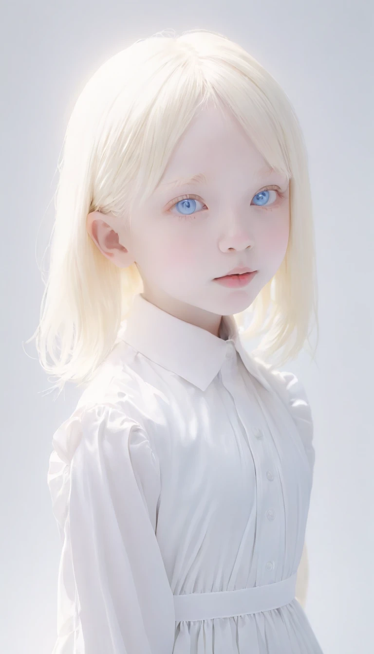 (((White Background:1.3)))、(((1 albino girl、Cute face、pretty girl))), 16 years old,(((The eyes are white:1.3)))、White Dress、((White shirt:1.3、White Block Dress)), Tyndall effect, Realistic, Shadow Studio,ultramarine、illumination, デュアルトーンillumination, (Skin with attention to detail: 1.2)、薄暗いillumination、暗いillumination、 photograph, High resolution, 4K, 8K, Background Blur,Beautiful fade out、White world、White Background
