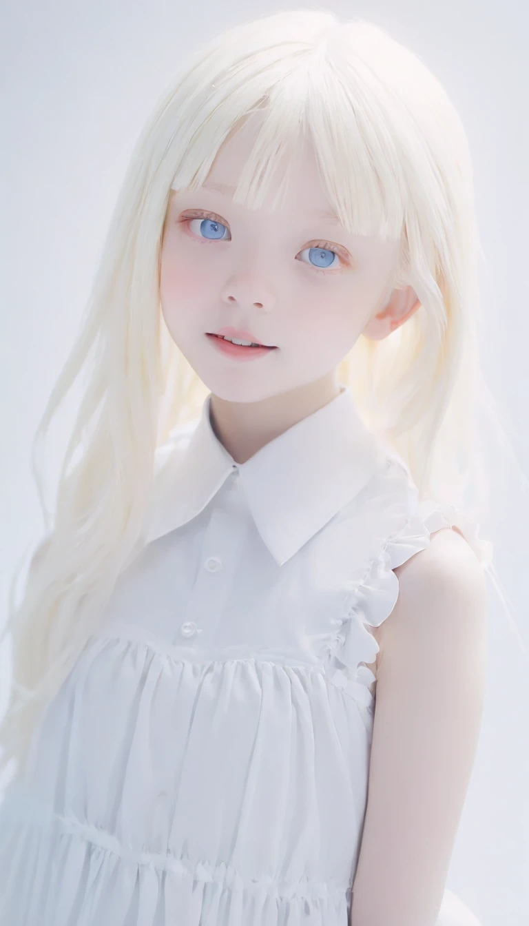 (((White background:1.3)))、Best Quality, masuter piece, High resolution, albino girl、(((1girl in))), ,(((eyes are white:1.3)))、robe blanche、((White shirt:1.3、White Block Dress)), Tindall Effect, Realistic, Shadow Studio,Ultramarine Lighting, dual-tone lighting, (High Detail Skins: 1.2)、Pale colored lighting、Dark lighting、 Digital SLR, Photo, High resolution, 4K, 8K, Background blur,Fade out beautifully、a white world、White background