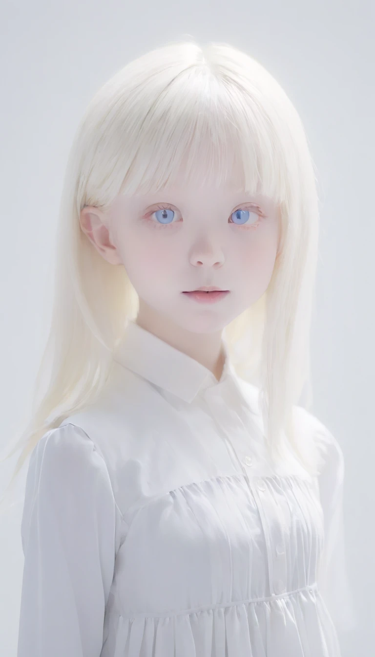 (((White Background:1.3)))、(((1 albino girl、Cute face、pretty girl))), 16 years old,(((The eyes are white:1.3)))、White Dress、((White shirt:1.3、White Block Dress)), Tyndall effect, Realistic, Shadow Studio,ultramarine、illumination, デュアルトーンillumination, (Skin with attention to detail: 1.2)、薄暗いillumination、暗いillumination、 photograph, High resolution, 4K, 8K, Background Blur,Beautiful fade out、White world、White Background