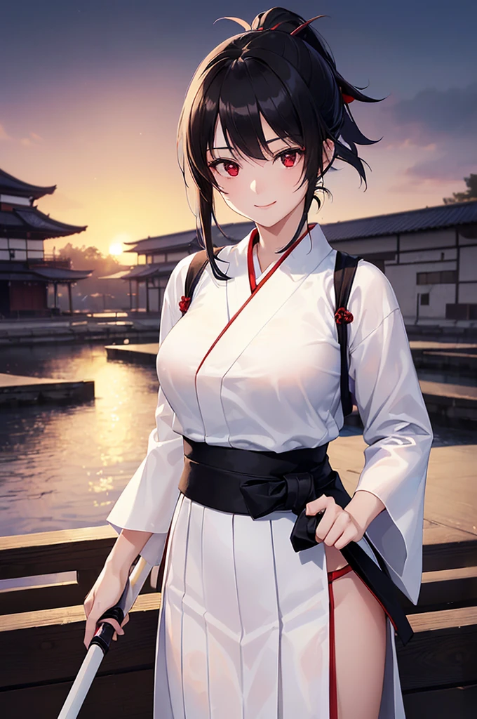 (masterpiece; best quality: 1.2), (finely detailed eyes: 1.3), ((25 year old woman)), ((solo)), (red eyes: 1.4), (body; lithe, slender, femenine: 1.3), (black hair in ponytail: 1.3), (beautiful and clear background: 1.2), ((depth of field)), (clothes: ronin attire + white kosode + black hakama + black sash: 1.3), (anime illustration: 1.2), (background composition; kendo dojo + night time: 1.1), (extremely fine and beautiful: 1.1), (shot composition; standing + centered on torso + close-up: 1.5), (expression; calm, smile: 1.2)