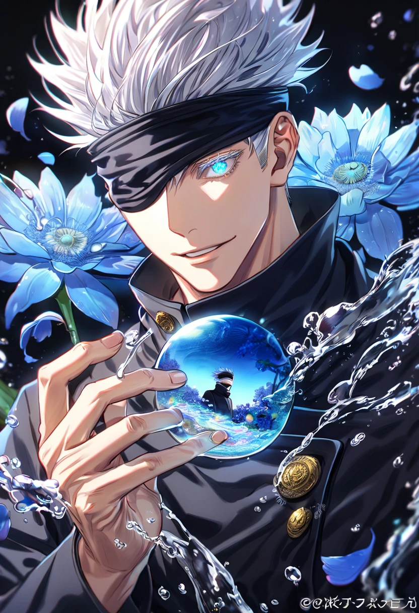 absurdres, highres, ultra detailed, HDR, master piece, Gojou Satoru, white hair, blindfolded eyes, black shirt, Jujutsu Kaisen, man, handsome, best quality, blue moon, flowers, fantasy, magical, solo, water, blue shining fireflies, blue petals, Jujutsu Kaisen uniform, handsome smile