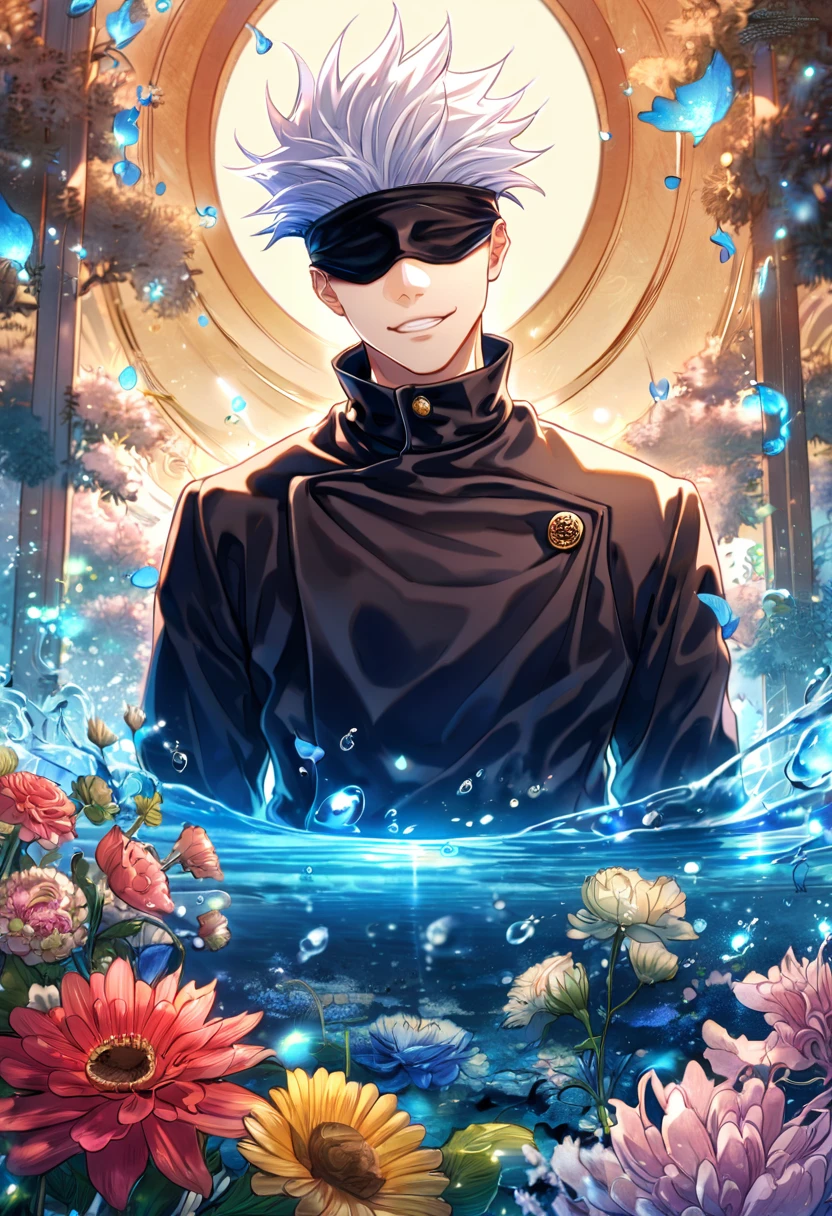 absurdres, highres, ultra detailed, HDR, master piece, Gojou Satoru, white hair, blindfolded eyes, black shirt, Jujutsu Kaisen, man, handsome, best quality, blue moon, flowers, fantasy, magical, solo, water, blue shining fireflies, blue petals, Jujutsu Kaisen uniform, handsome smile