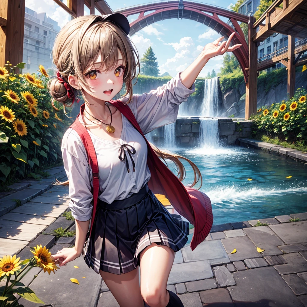 Red, brown, gold, gold hair、Golden Eyes、Hair tied up、One good looking girl、solo、anime、Checkered mini skirt、Ruffles on the skirt、camisole、Lightweight cardigan、school uniform、Black knee-high socks、Wearing a baseball cap、Ribbon、Ribbon on waist、Teeth are visible、Silver coin necklace、From above、Sunflower Tunnel、Cobblestones、waterfall、Have sunflowers、Starry Sky、Midnight Moon、Winding Road、suspension bridge、Soap bubbles are flying、mosquito、beam、ripple