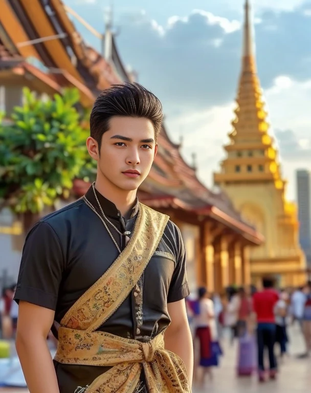 An Araf man stands on the beach with the sunset in the background.., portait photo Profile pictureture, Profile picture, Cleans the wide surface of the face.,  cute young man, headshot Profile pictureture, handsome man, Handsome and charming, Very charming and beautiful, Close-up of a Southeast Asian man with a round face.., black eyes, staring at the viewer, morning sun, ((face details)), Double eyelids, realistic, Masterpiece, Highest quality, lens flare, shade, [[Chromatic aberration, digital painting, 8K, 45,000,000,000 pixels,, t-shirt, short hair, black eyes,abdominal muscles, The body is beautiful and strong..,, (digital painting, HDR, high contrast