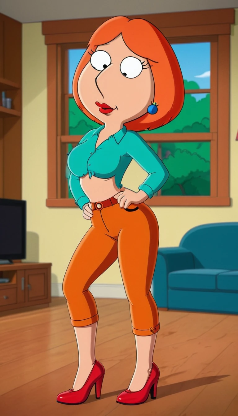 Lois_Griffin, (((1girl, solo, alone, red lips, orange short hair))), perfect eyes, shortstack, flat color, cartoon, animated, makeup, eyeliner, mascara, looking at viewer, smile, parted lips,
green shirt, brown pants, red shoes,
sexy pose, dynamic pose, dynamic angle, cowboy shot,
living room, indoor,