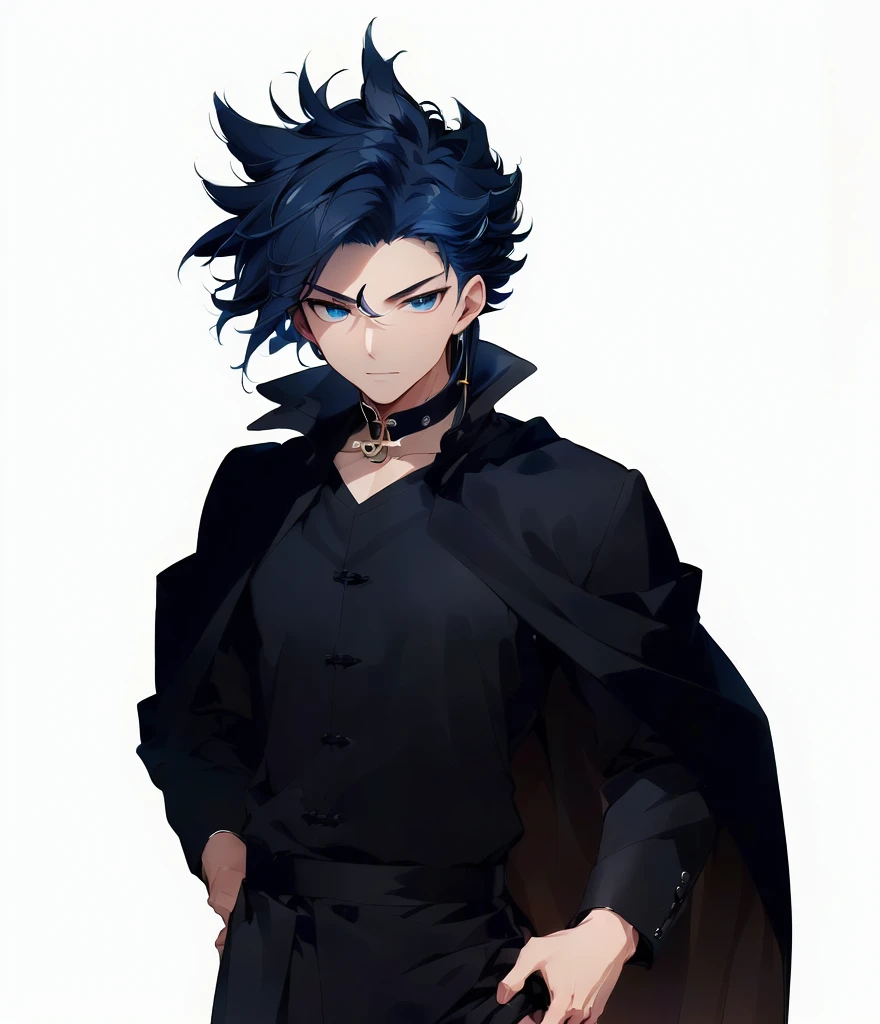 Close-up of a man wearing a black shirt and black pants, A man wearing a dark blue cloak,a man with rather sharp hair,A man with gentle eyes,Anime handsome man, Tall anime man with blue eyes, Inspired by Ryusei Kishida, Kazuma Kaneko, kakyoin, Shikano Makoto, Xin Jiacheng, ( ( ( Ji Chengyao ) ) ), Cool anime poses, Akihiko Yoshida!