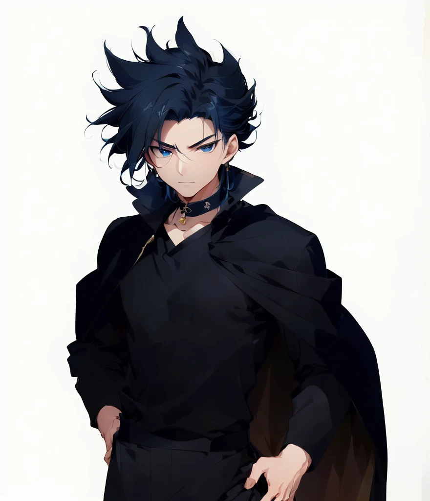 Close-up of a man wearing a black shirt and black pants, A man wearing a dark blue cloak,a man with rather sharp hair,A man with gentle eyes,Anime handsome man, Tall anime man with blue eyes, Inspired by Ryusei Kishida, Kazuma Kaneko, kakyoin, Shikano Makoto, Xin Jiacheng, ( ( ( Ji Chengyao ) ) ), Cool anime poses, Akihiko Yoshida!