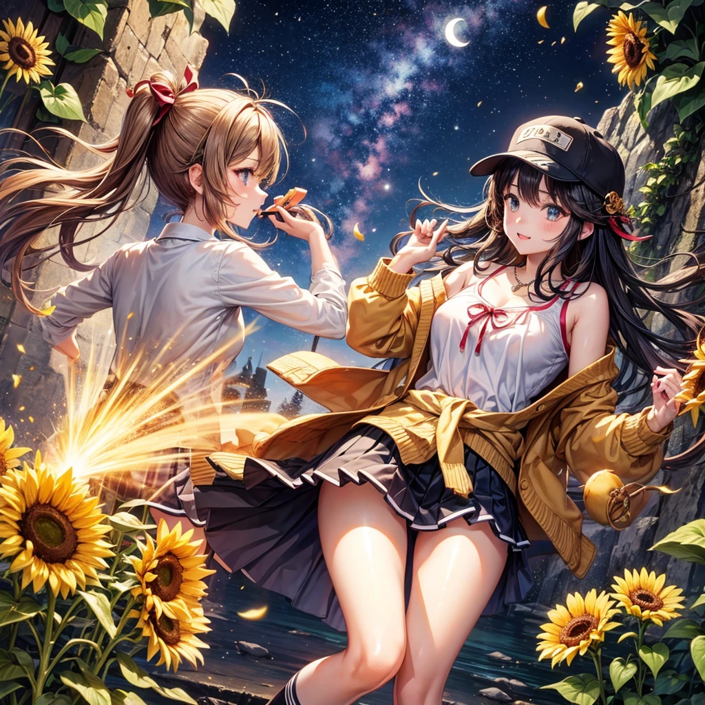 Red, brown, gold, gold hair、Golden Eyes、Hair tied up、One good looking girl、solo、anime、Checkered mini skirt、Ruffles on the skirt、camisole、Lightweight cardigan、school uniform、Black knee-high socks、Wearing a baseball cap、Ribbon、Ribbon on waist、Teeth are visible、Silver coin necklace、From above、Sunflower Tunnel、Cobblestones、waterfall、Have sunflowers、Starry Sky、Midnight Moon、Winding Road、suspension bridge、Soap bubbles are flying、mosquito、beam、ripple