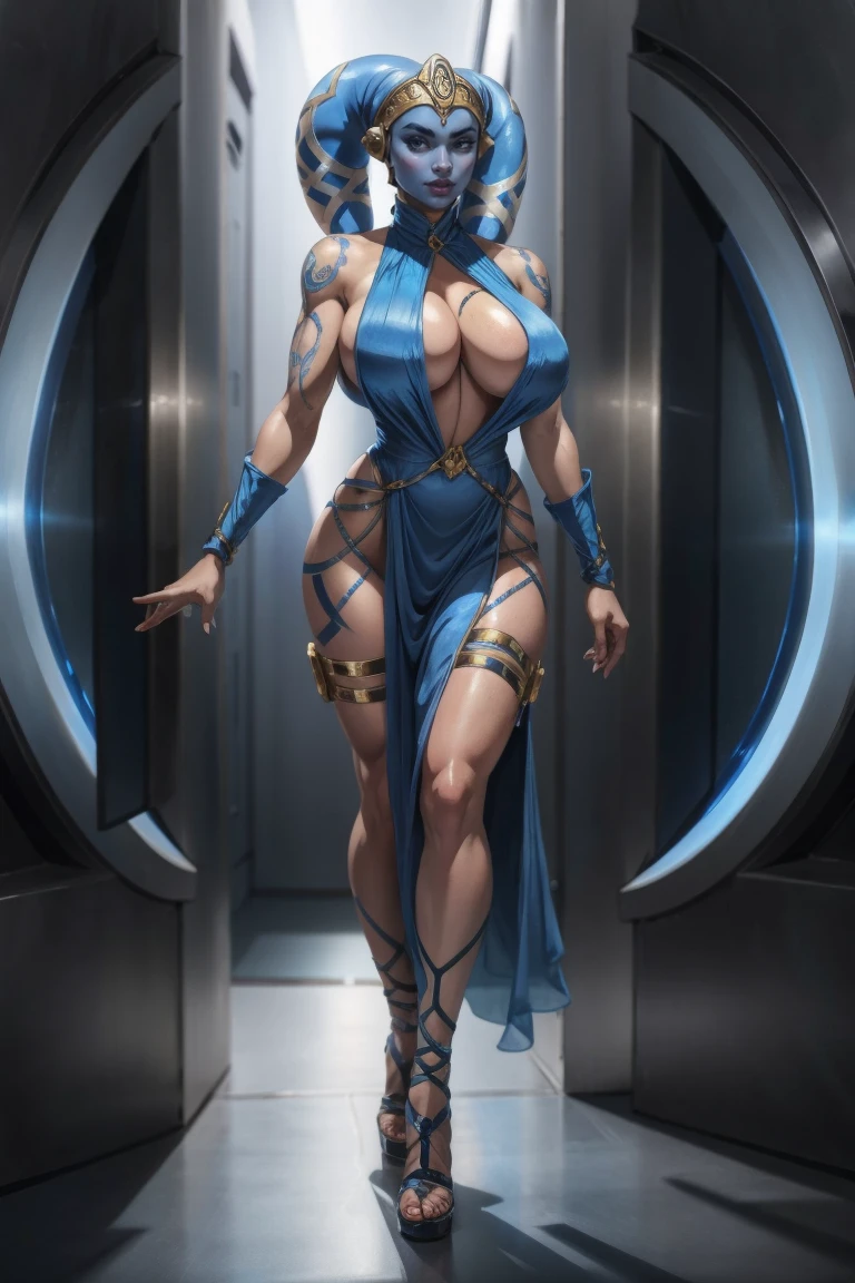 Tall Blue Skin Twi'lek with (huge breasts) wearing a tight short gold cocktail dress, short dress, high neck, sleeveless, (keyhole cleavage), tattoos, large natural breasts, cleavage, (tall, long legs), toned, slim hips, small waist, full-body shot