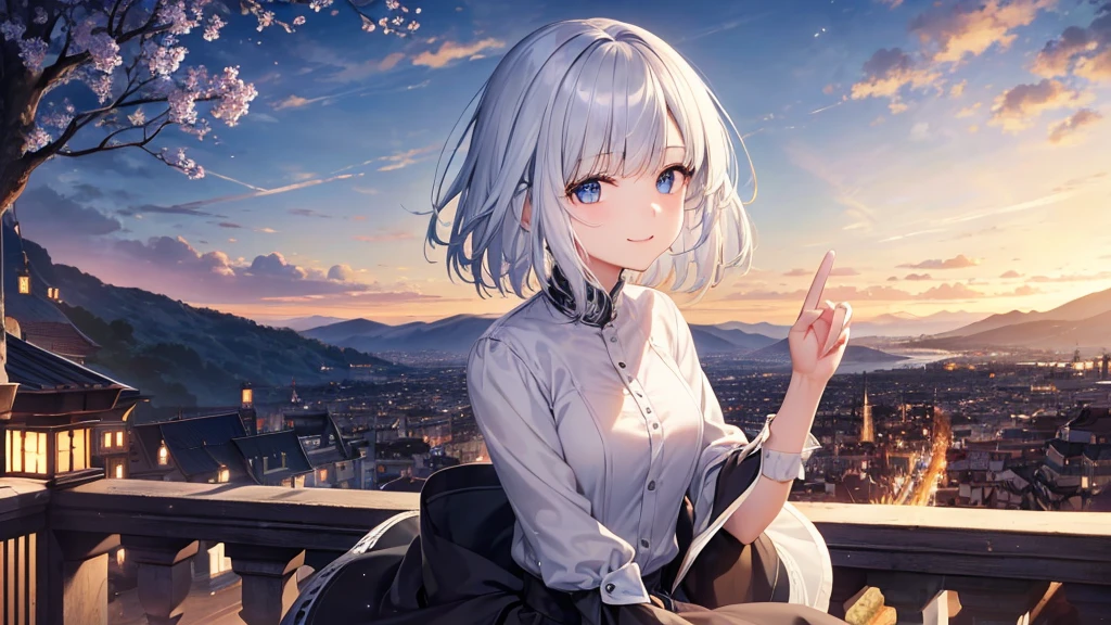 Ultra HD,Look at the viewers, Put your hands behind your back, With a girl, 20-year-old, 非常にShort Hair, Long bangs between the eyes, Pale blue eyes, hoodie, skirt , Very detailed,(masterpiece、Highest quality),Gray Hair、Laughter、Fantastic, Silver Hair, Iris,  Short hair、 Fluttering Hair、Small Face、明るいsmile、(Detailed face) ,Professional Lighting,Wonderful landscape,blue sky, sunlight,Looking down from above,Portraiture、Open your mouth、Flower Field、Her eyes were shining、Mysterious and enchanting atmosphere。With AI Painting、とてもShort Hair, Long bangs between the eyes, Very detailed,(masterpiece、Highest quality)、alone、Gray Hair、Fantasy, Silver Hair, Fantasyな風景、White shirt、smile、Open your mouth、short hair、Short Hair、hairpin、black eye、Grey Eyes、Beautiful Eyes、