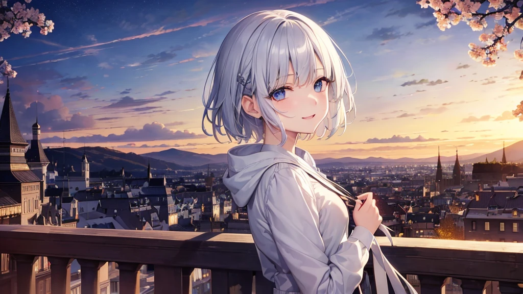 Ultra HD,Look at the viewers, Put your hands behind your back, With a girl, 20-year-old, 非常にShort Hair, Long bangs between the eyes, Pale blue eyes, hoodie, skirt , Very detailed,(masterpiece、Highest quality),Gray Hair、Laughter、Fantastic, Silver Hair, Iris, Short hair、 Fluttering Hair、Small Face、明るいsmile、(Detailed face) ,Professional Lighting,Wonderful landscape,blue sky, sunlight,Looking down from above,Portraiture、Open your mouth、Flower Field、Her eyes were shining、Mysterious and enchanting atmosphere。With AI Painting、とてもShort Hair, Long bangs between the eyes, Very detailed,(masterpiece、Highest quality)、alone、Gray Hair、Fantasy, Silver Hair, Fantasyな風景、White shirt、smile、Open your mouth、short hair、Short Hair、hairpin、black eye、Grey Eyes、Beautiful Eyes、