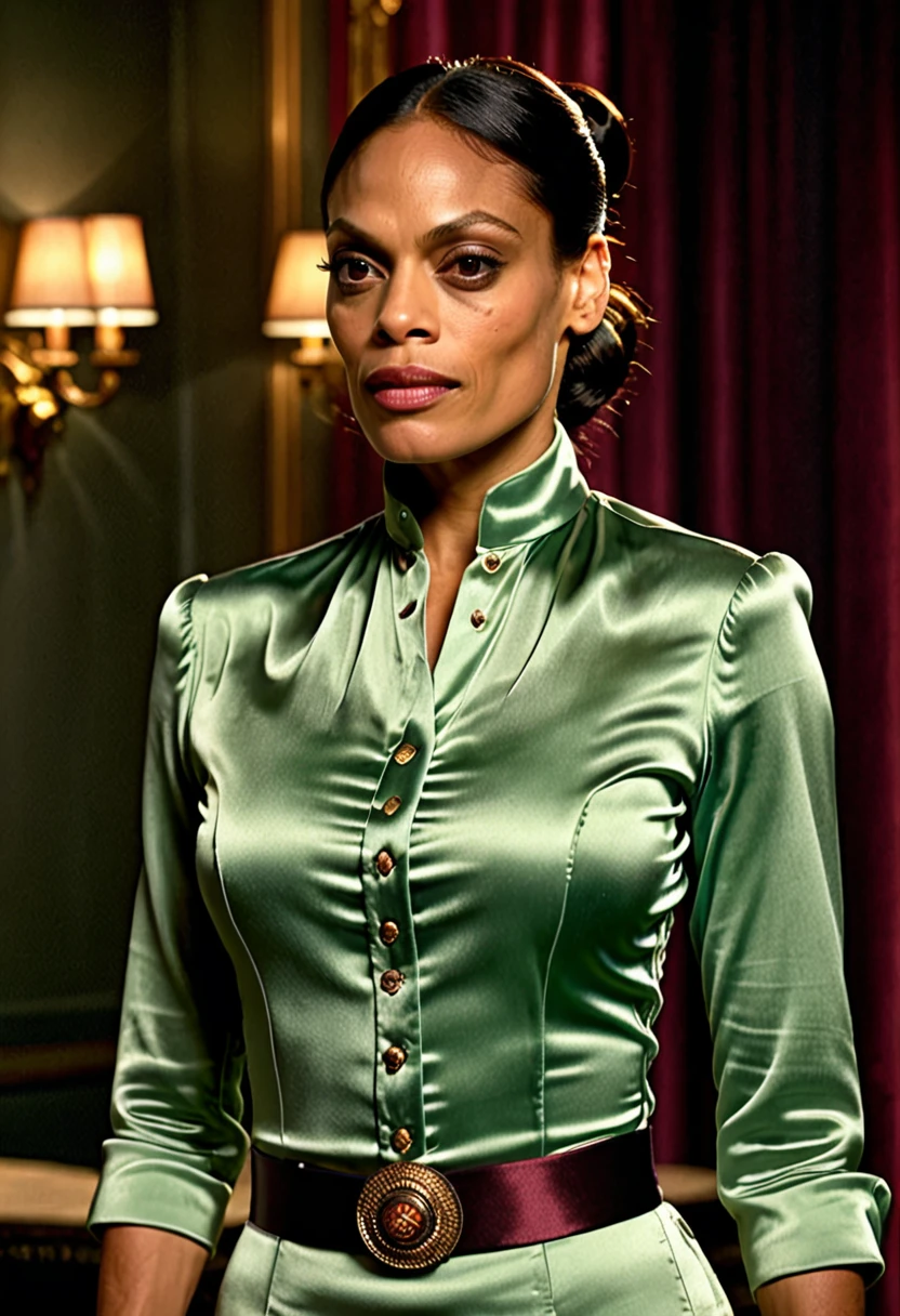 muscular evil rosario dawson, closed satin skintight silk buttoned mandarin collar blouse, large shoulder-pads, extremely tight satin belt, tight hairbun, photorealistic, cinematic lighting, dramatic contrast, muted color palette, intricate details, masterpiece, ultra-detailed