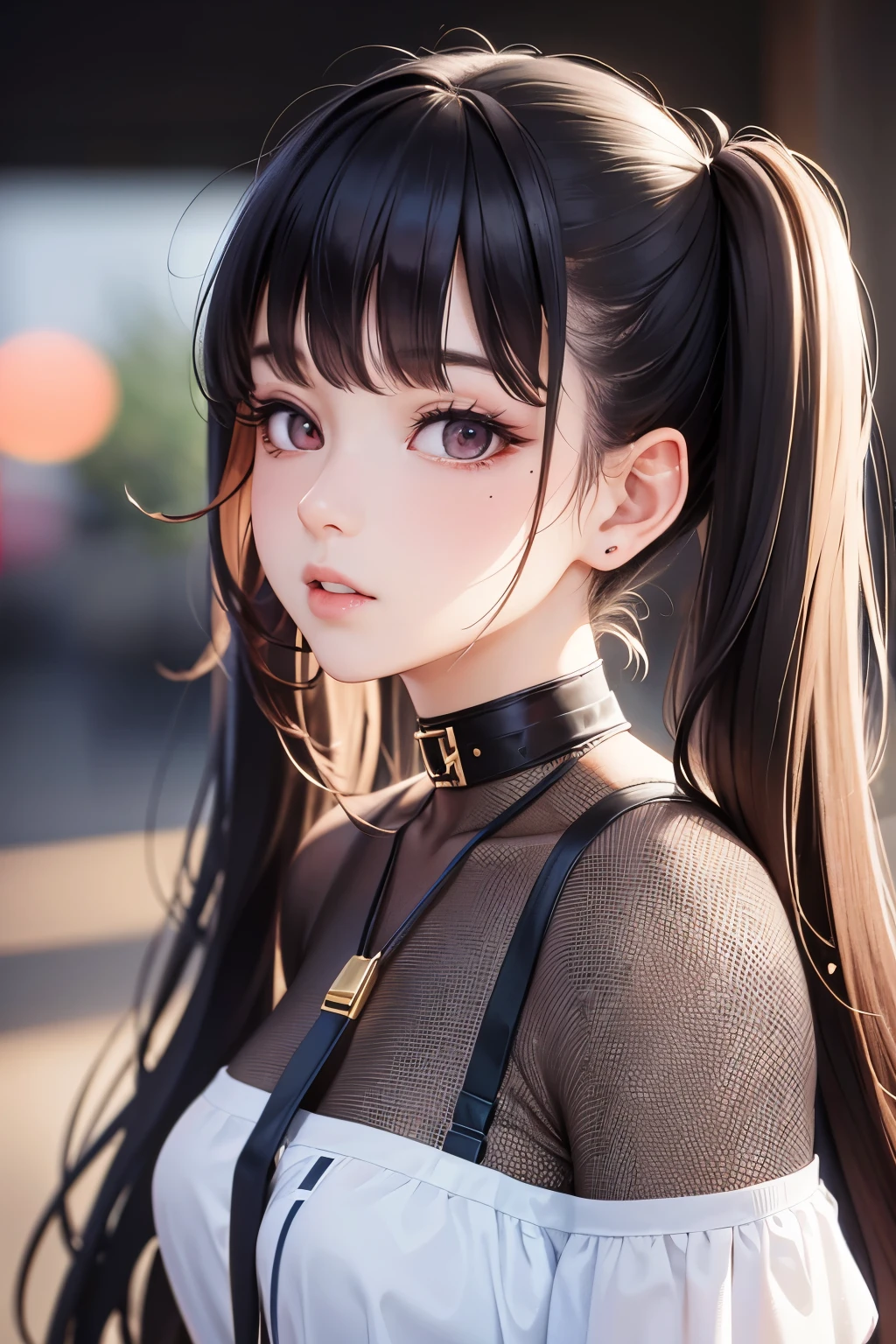 masterpiece, best quality, highly detailed, high resolution, expensive resolution, high resolution, 4K, 8k, Unity 8k wallpaper, highly detailed CG, masterpiece, 2D, 3D, beautiful details, depth, fine texture, best quality: 1.3, perfect focus, crispy skin, him, very cute, one 20-something girl, before a date with him, enjoying fashion, short twin tails, mole under eye, looking at the viewer, expensive, blush, mole, parted lips, heart, pink eyes, choker