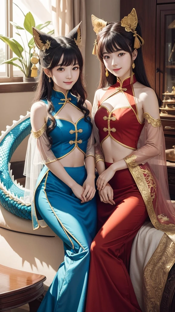 Two Girls, masterpiece, Highest quality, Make friends with the Chinese dragon, fun, Happy, bright, long,mysterious