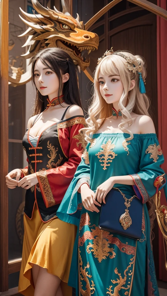 Two Girls, masterpiece, Highest quality, Make friends with the Chinese dragon, fun, Happy, bright, long,mysterious