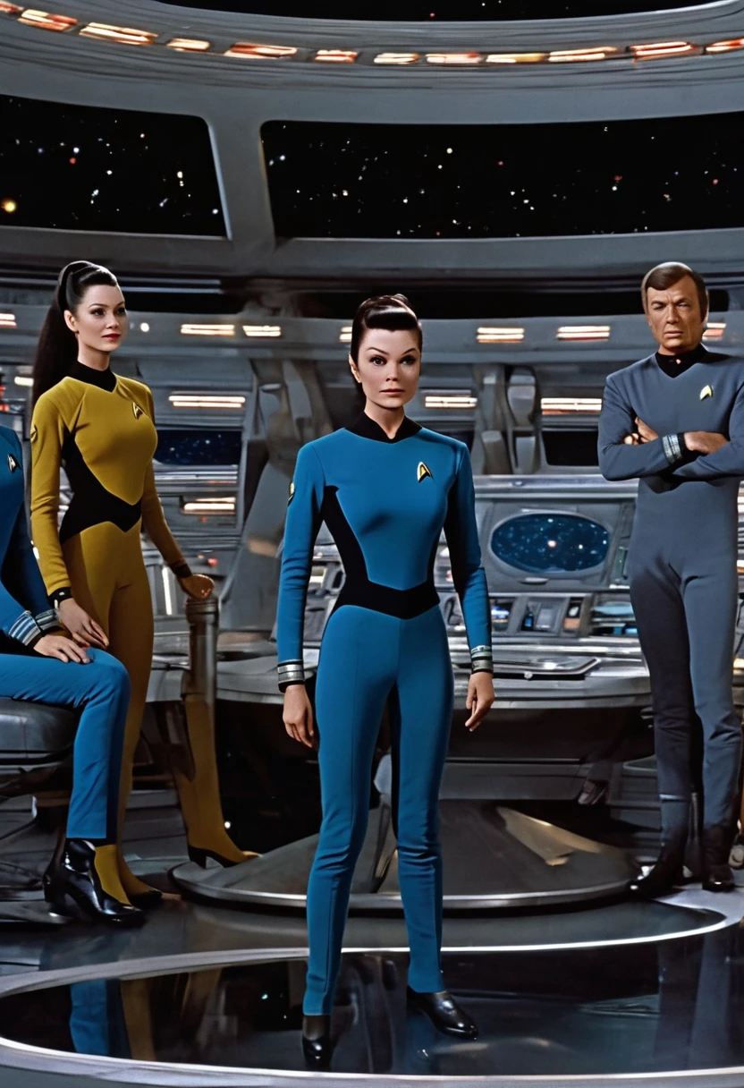 very best quality, masterpiece , a very retro vintage kinda look feel 8K,High HD,higher rselutionHigh quality very anime semi realism a very Star trek Federation spaceship crew with males female all kinda humans rtcraces aliens etc