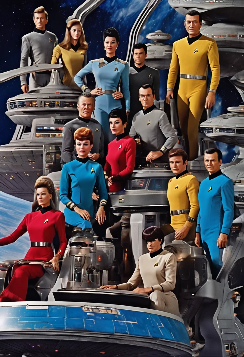 very best quality, masterpiece , a very retro vintage kinda look feel 8K,High HD,higher rselutionHigh quality very anime semi realism a very Star trek Federation spaceship crew with males female all kinda  humans rtcraces aliens etc