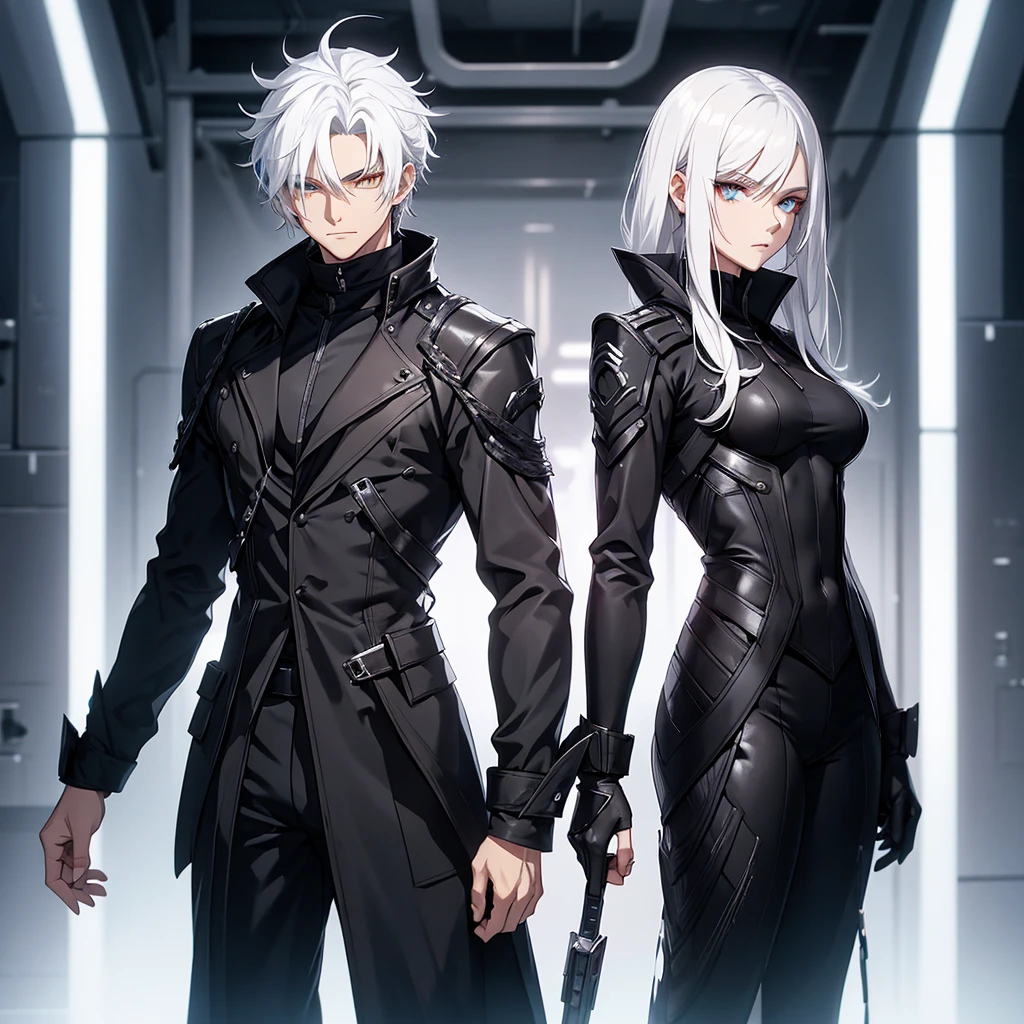 male character. black clothes. White hair. golden eyes. is in a futuristic setting.