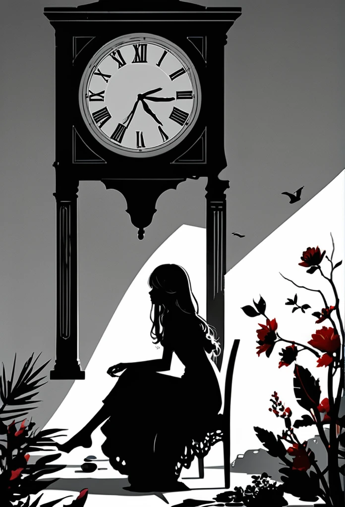 Vector Art, Minimalism, graphic design aesthetics, flat illustration, masterpiece, best quality, perfect composition, very aesthetic, ultra-detailed, intricate details, Professional, official art, Representative work、On a bright red campus"YES"Character、(Masterpiece in maximum 16K resolution:1.6), ((darkest_insane_silhouette_illustration):1.2),(intricate detail:1.4), (extremely insane detail:1.4),(highest quality:1.3),(Hyper_realistic:1.3). | Black and white, silhoutte art, female figure, elegant pose, flowing hair, graceful curves, subtle details, minimalistic background, soft lighting, delicate features, captivating composition, expressive eyes, slender silhouette, artistic interpretation. | ((silhoutte_of_pretty_girl_waiting under a clock):1.5), ((waiting pose):1.2), ((withered flower background):1.1), each flower detailed and rendered with a masterful gouache technique, silhoutte art behance,surreal, It gives a romantic aura. | (perfect_fingers:1.0), (perfect_legs:1.0), better_hands, More_Detail. A young woman with golden hair and yellow eyes sits at the table, eating delicious food by the seaside in an anime style. The background features rocky cliffs overlooking the sea, boats floating on it, green plants, and sunlight shining through them onto her face. She is dressed in white and has a relaxed expression. On one side of her lies various dishes such as rice, vegetables, fish and meat, creating a warm atmosphere.