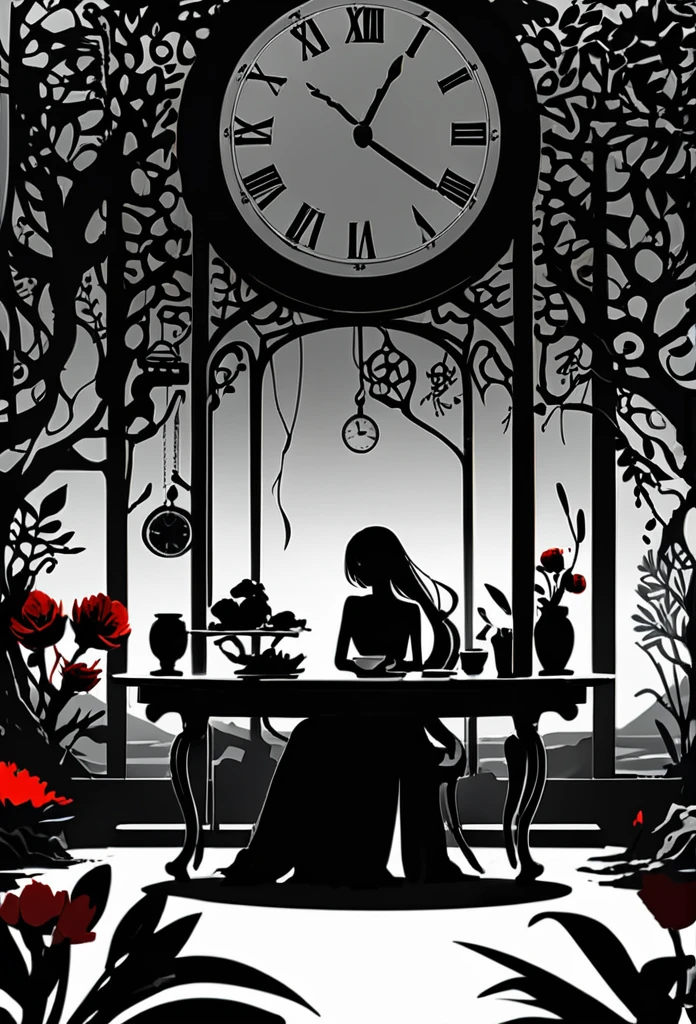 Vector Art, Minimalism, graphic design aesthetics, flat illustration, masterpiece, best quality, perfect composition, very aesthetic, ultra-detailed, intricate details, Professional, official art, Representative work、On a bright red campus"YES"Character、(Masterpiece in maximum 16K resolution:1.6), ((darkest_insane_silhouette_illustration):1.2),(intricate detail:1.4), (extremely insane detail:1.4),(highest quality:1.3),(Hyper_realistic:1.3). | Black and white, silhoutte art, female figure, elegant pose, flowing hair, graceful curves, subtle details, minimalistic background, soft lighting, delicate features, captivating composition, expressive eyes, slender silhouette, artistic interpretation. | ((silhoutte_of_pretty_girl_waiting under a clock):1.5), ((waiting pose):1.2), ((withered flower background):1.1), each flower detailed and rendered with a masterful gouache technique, silhoutte art behance,surreal, It gives a romantic aura. | (perfect_fingers:1.0), (perfect_legs:1.0), better_hands, More_Detail. A young woman with golden hair and yellow eyes sits at the table, eating delicious food by the seaside in an anime style. The background features rocky cliffs overlooking the sea, boats floating on it, green plants, and sunlight shining through them onto her face. She is dressed in white and has a relaxed expression. On one side of her lies various dishes such as rice, vegetables, fish and meat, creating a warm atmosphere.