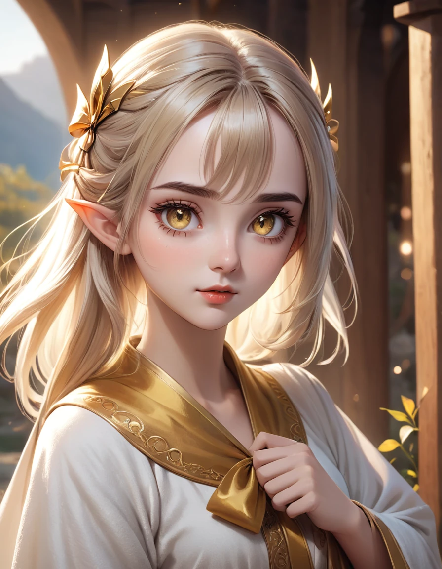 A beautiful and lively half-elf girl, wearing a soft robe, holding a golden bow, (best quality,4k,8k,highres,masterpiece:1.2),ultra-detailed,(realistic,photorealistic,photo-realistic:1.37),extremely detailed eyes and face, beautiful detailed lips, long eyelashes, elegant noble posture, natural lighting, warm color tone, fantasy landscape background, intricate details, cinematic composition, dramatic lighting