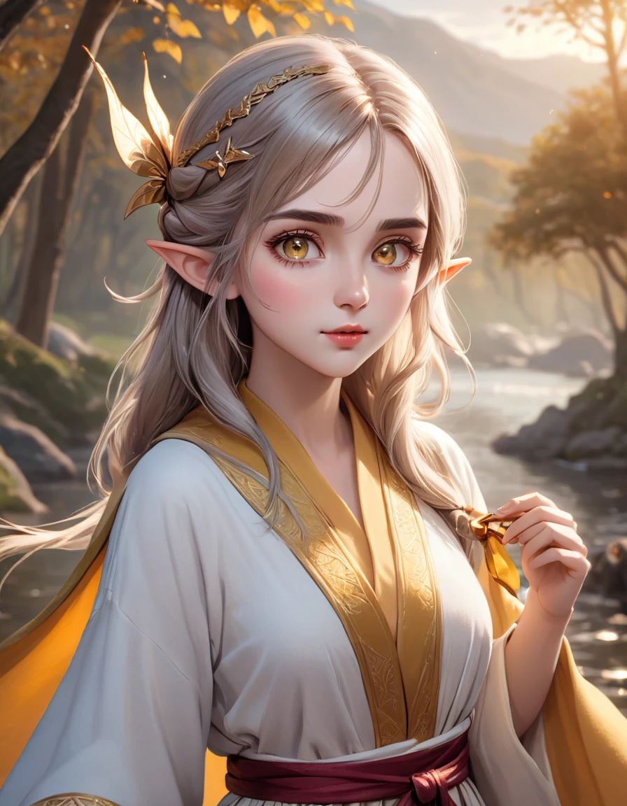 A beautiful and lively half-elf girl, wearing a soft robe, holding a golden bow, (best quality,4k,8k,highres,masterpiece:1.2),ultra-detailed,(realistic,photorealistic,photo-realistic:1.37),extremely detailed eyes and face, beautiful detailed lips, long eyelashes, elegant noble posture, natural lighting, warm color tone, fantasy landscape background, intricate details, cinematic composition, dramatic lighting