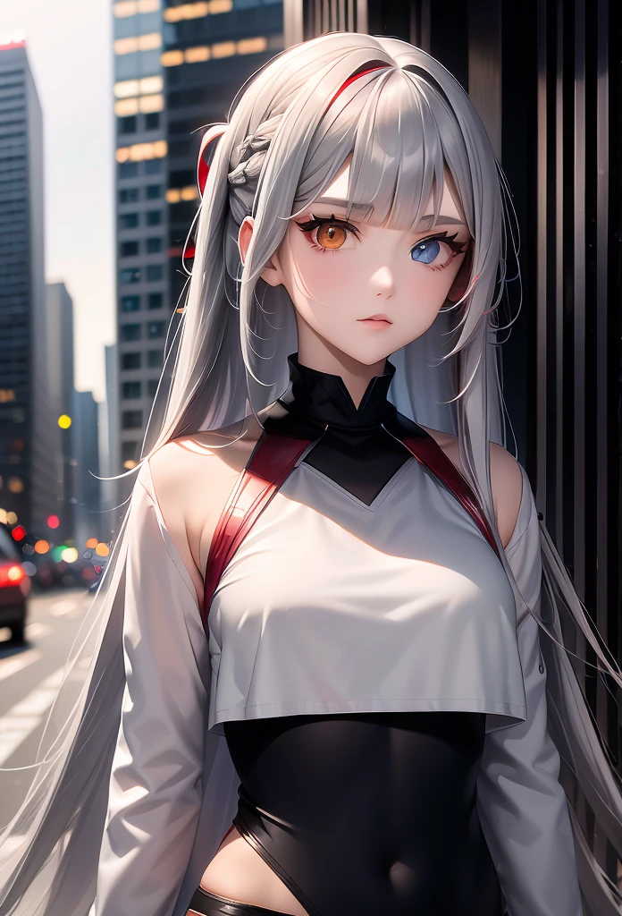 1girl, (((long hair))), red left eye, grey right eye, straight silver hair, strictly straight bangs, hime hairstyle, blunt bangs,((( long straight hair))),((( red back lighting))), heterochromia eyes, streetwear, crop top, city, Europe, water, neon, lights, glow, colourful, night, starry sky, sci fi, absurdres, high res, ultrasharp, 8k, masterpiece