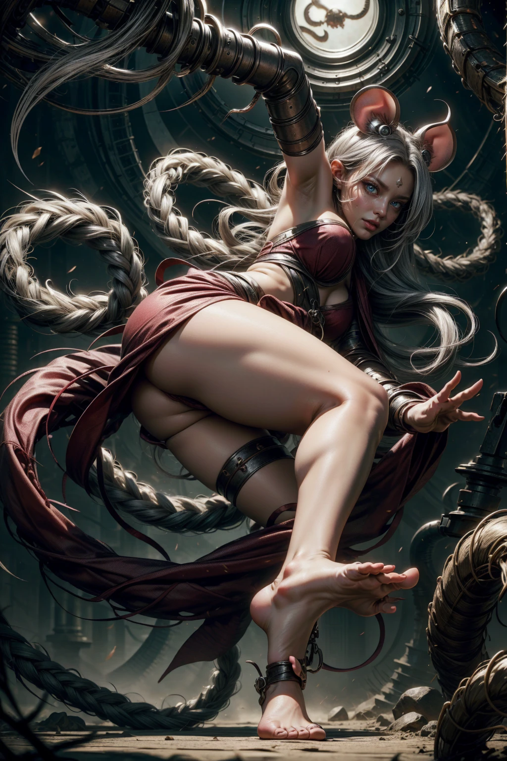 ninja mouse queen girl, silver hair, sexy movement pose, showing feet, japanese ninja