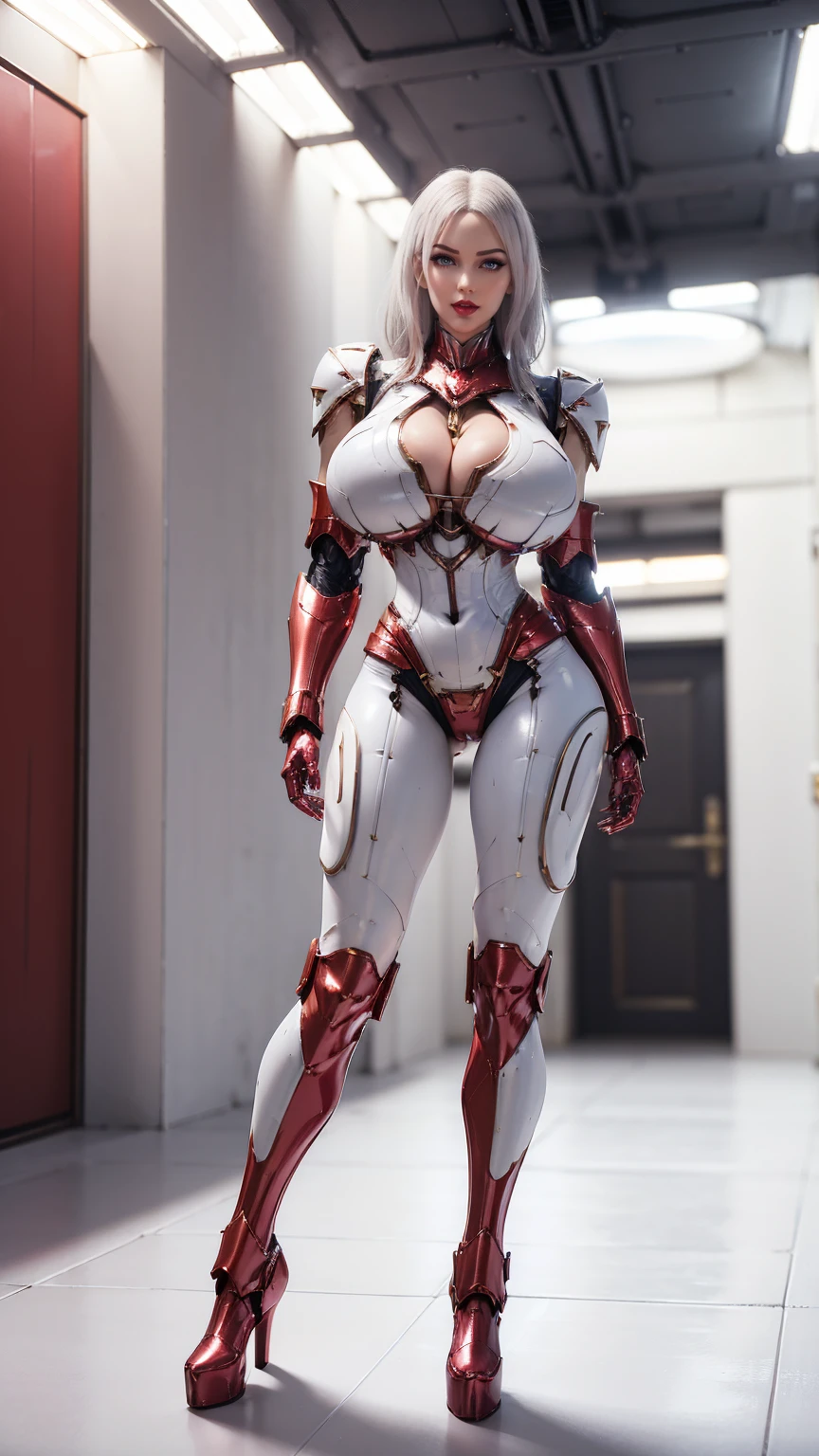 A beauty girl with white hair, (REALISTIC:1.2), (PHOENIX GOLD HELM:1.1), (HUGE FAKE BREAST:1.5), (CLEAVAGE:1.5), (BARE MUSCLE ABS:1.3), (MECHA GUARD ARMS:1.1), (RED SHINY FUTURISTIC MECHA BREASTPLATE, BLACK MECHA SKINTIGHT SUIT PANTS, MECHA GUARD ARMOR LEGS, HIGH HEELS:1.5), (MUSCULAR BODY, SWEATY SKIN, SEXY LONG LEGS:1.1), (LOOKING AT VIEWER:1.3), (female focus:0.9), (WALKING HALLWAY OF FUTURISTIC SPACE STATION:1), (BRIGHT LIGHT WHITE_ROOM:1.3), HYPER TEXTURE, 4X MSAA, UNREAL ENGINE RENDER, PHYSICALLY-BASED RENDERING, ULTRA HIGHT DEFINITION, 16K, 1080P.