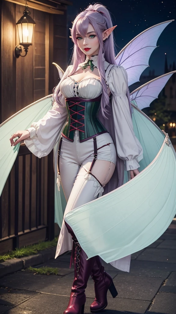 Irish woman, anime, modest, beautiful, high quality, night, 8k, long waist length light pale purple hair, green eyes, red lips, eyelashes, 1700 century pants, corset, white blouse, boots, elf ears, large fairy wings