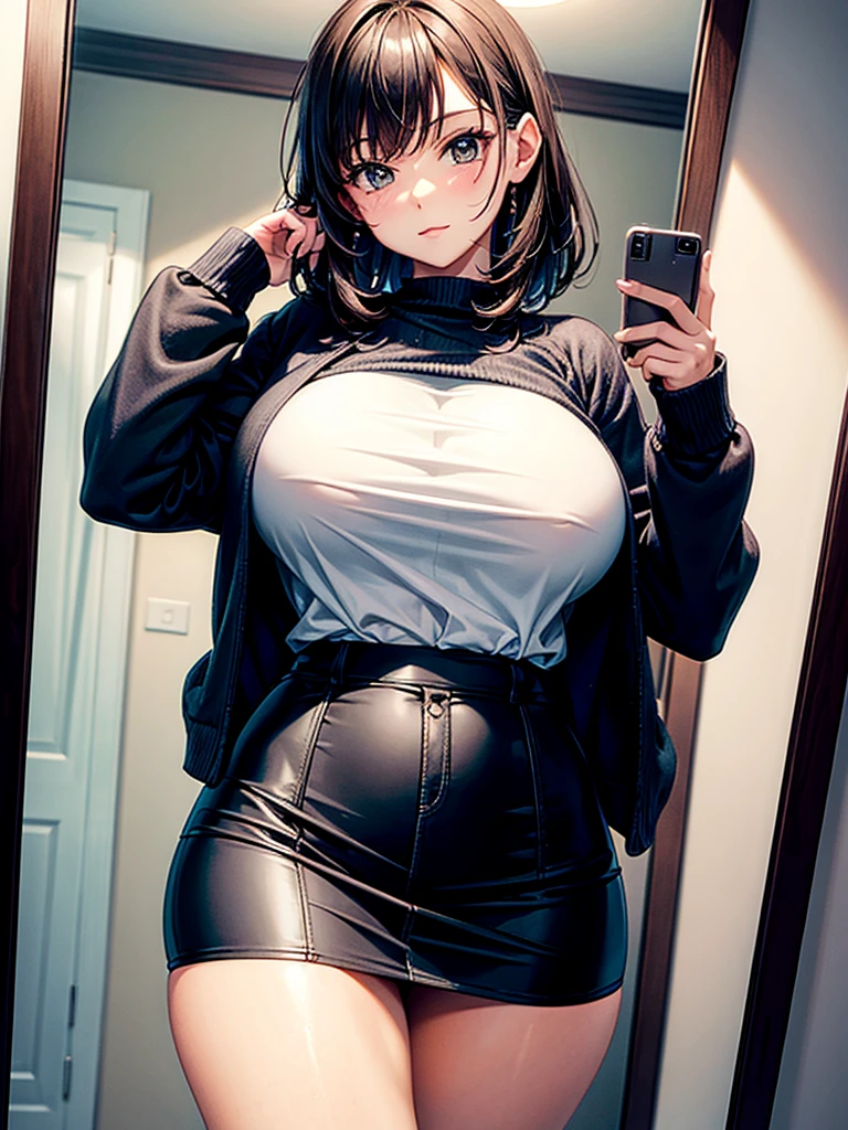 Mina,(masterpiece:1.3), (8k, photorealistic, RAW photo, best quality: 1.4), (1girl), beautiful face, (realistic face), (black hair, medium hair:1.3), beautiful hairstyle, realistic eyes, beautiful detailed eyes, (realistic skin), beautiful skin, (sweater), absurdres, attractive, ultra high res, ultra realistic, highly detailed, golden ratio, ,mature female,Beautiful Finger,Beautiful long legs,Beautiful body,Beautiful Nose,Beautiful character design, perfect eyes, perfect face, looking at viewer, in the center of the image, NSFW,official art,extremely detailed CG unity 8k wallpaper, perfect lighting,Colorful, Bright_Front_face_Lighting, (masterpiece:1.0),(best_quality:1.0), ultra high res,4K,ultra-detailed, photography, 8K, HDR, highres, absurdres:1.2, Kodak portra 400, film grain, blurry background, bokeh:1.2, lens flare, (vibrant_color:1.2) (Beautiful,large_Breasts:1.4), (beautiful_face:1.5),(narrow_waist),