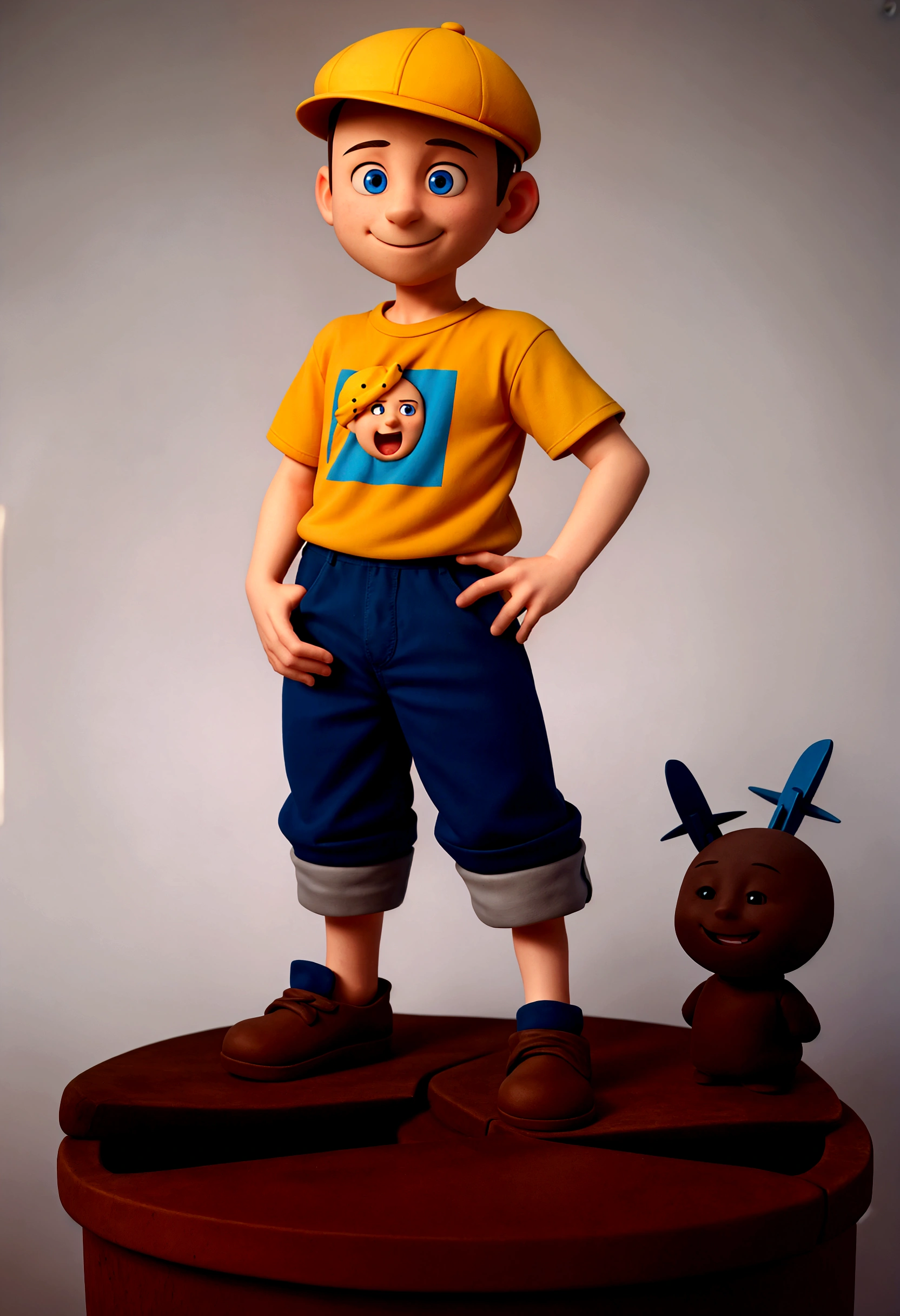 The image features a realistic boy against a dark background. The character has no hair, derp blue eyes, he must be wearing a yellow t-shirt, make him have his hands on his hips, he must be wearing a Propeller Hat on his head, the character is a boy. The character's pose is friendly and welcoming, make him smile and be happy, make him realistic