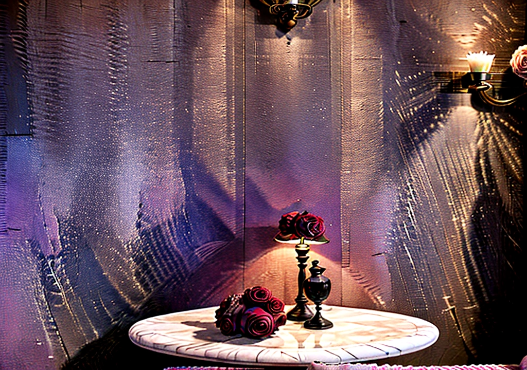 A luxurious ornate European palace living room, a grand ornate table with decorative items, (1 wall: 1.3), roses (roses: 1.2) and lavender wall murals, a vintage floor lamp, bright and soft lighting, minimal modern decor elements, front view, eye level, super detailed, high resolution photography