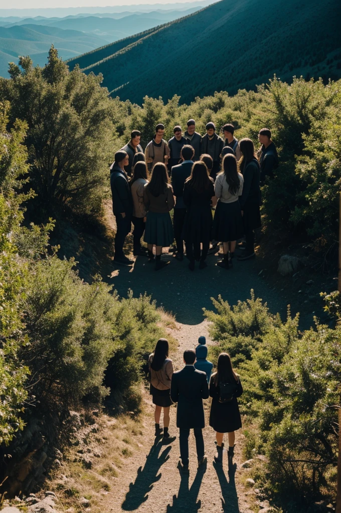 creates an image of a group of friends on a mountain and behind them in a bush a shadow 

