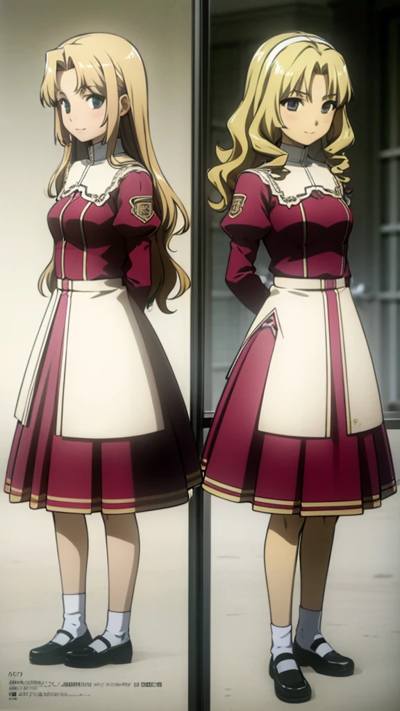 masterpiece, high quality, Multiple girls, organization, Same sisters, Blonde Hair, curls, (brown haired sisters, Blonde sisters, many sisters, Match hairstyle, different hair colors), Hazel eyes, Medium bust, ((Matching Clothing, Uniforms)), Smile, flat_color, Same height, organization pose, Back to back,